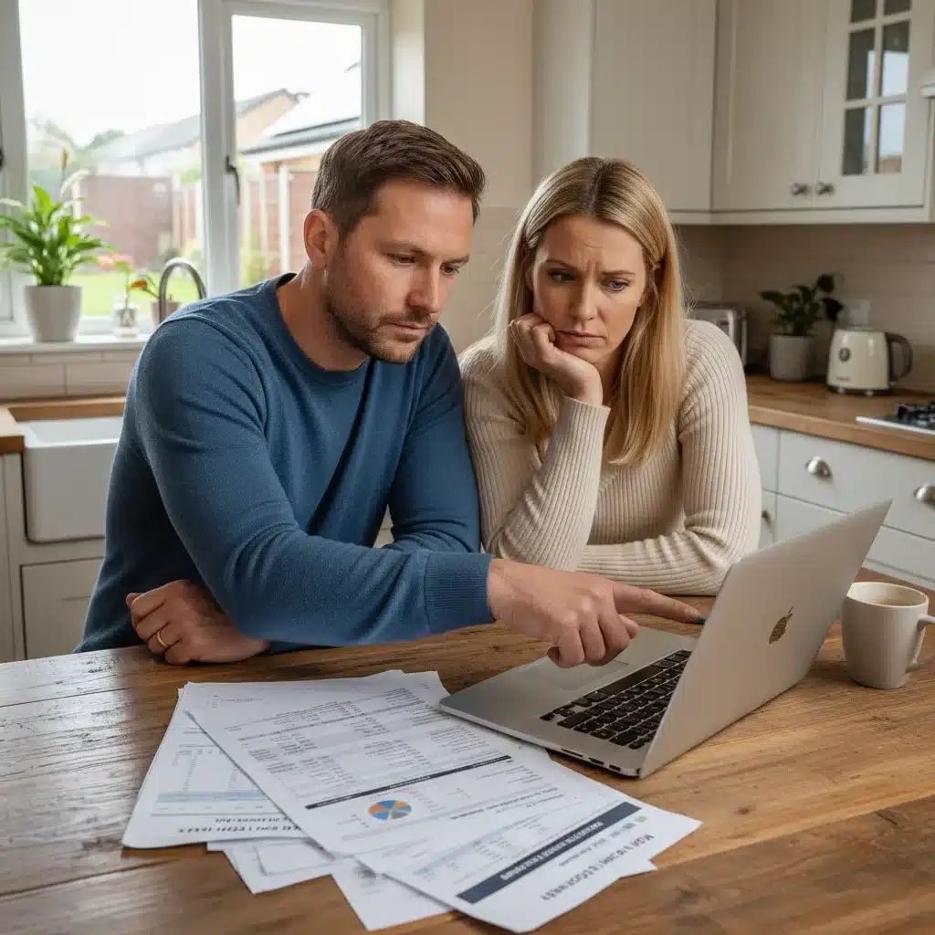 Couple reviewing mortgage documents and financial plans, considering future interest rate changes.