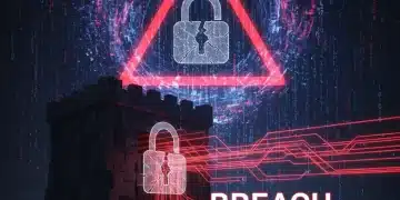 Digital representation of a severe cybersecurity breach with flowing data and broken padlock
