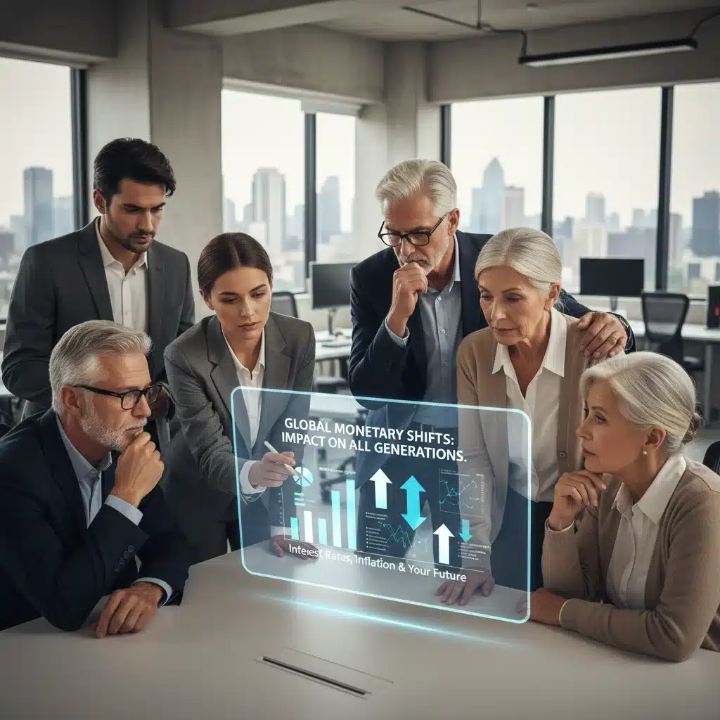 Diverse individuals reviewing economic news on a tablet, illustrating the broad impact of Federal Reserve monetary policy on various demographic groups.