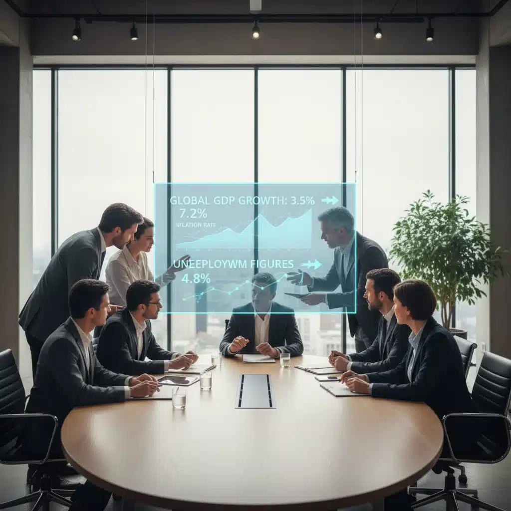 Policy makers and economic analysts discussing GDP, inflation, and employment data in a conference room.