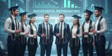 Graduates celebrating reduced student loan debt with a positive financial chart