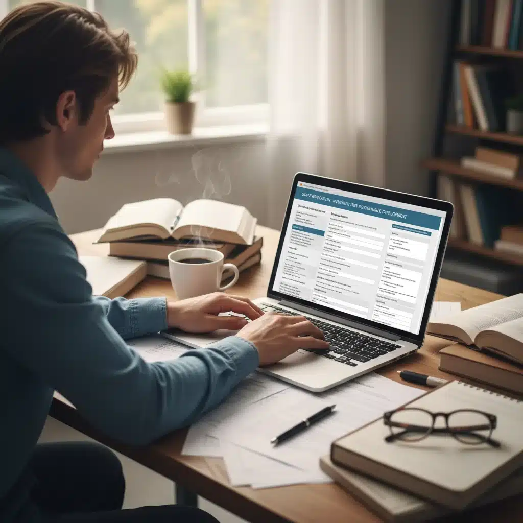 Detailed grant application process on a laptop with supporting documents