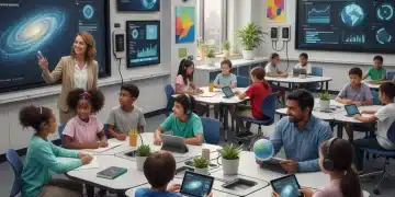 Diverse students and teacher in modern classroom benefiting from education funding