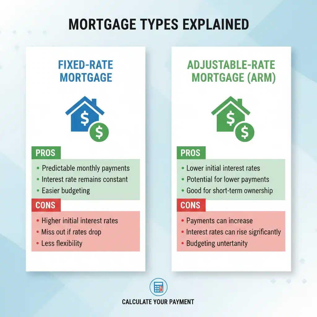 Infographic comparing fixed-rate and adjustable-rate mortgages with their respective benefits and drawbacks.