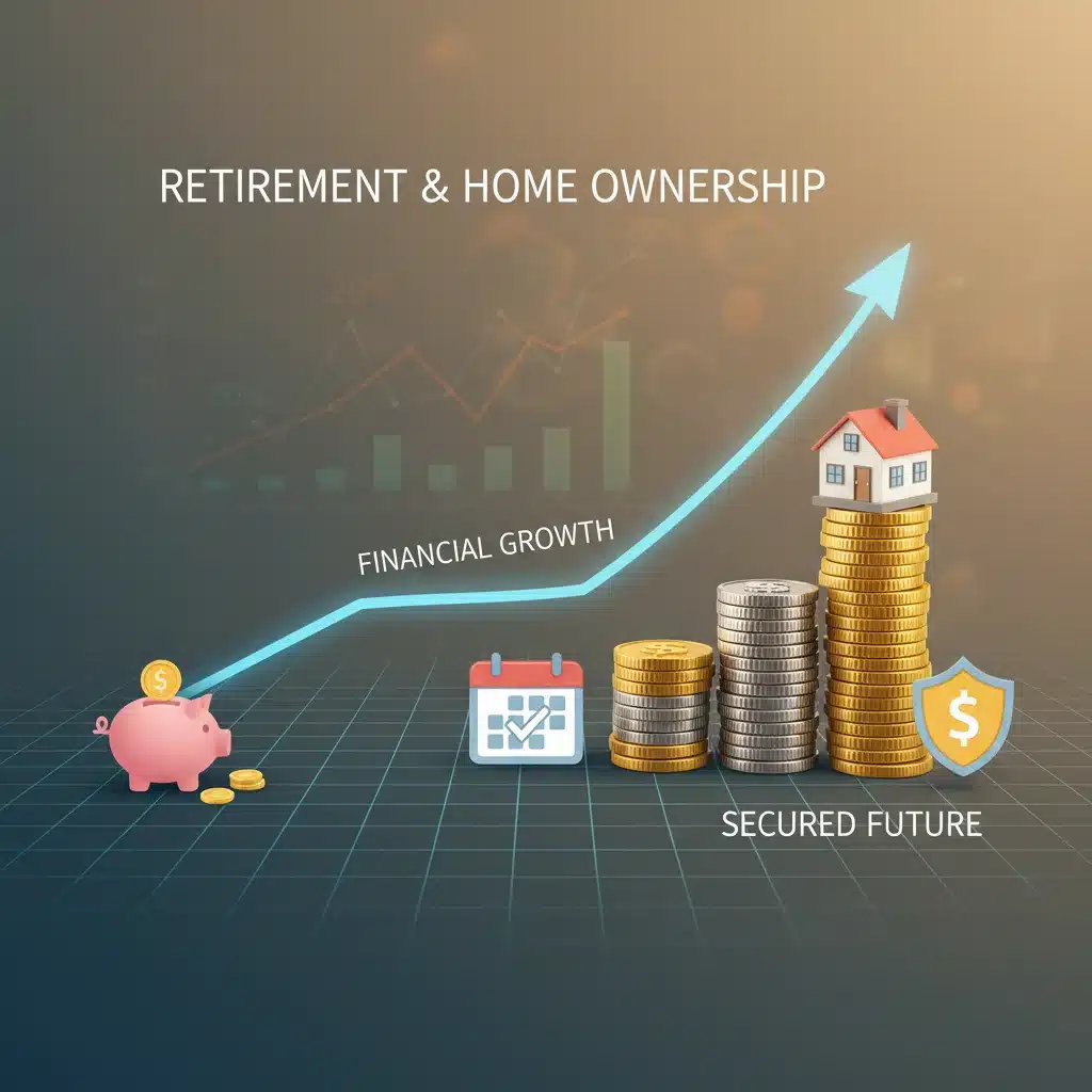 Growing retirement savings chart with coins and house