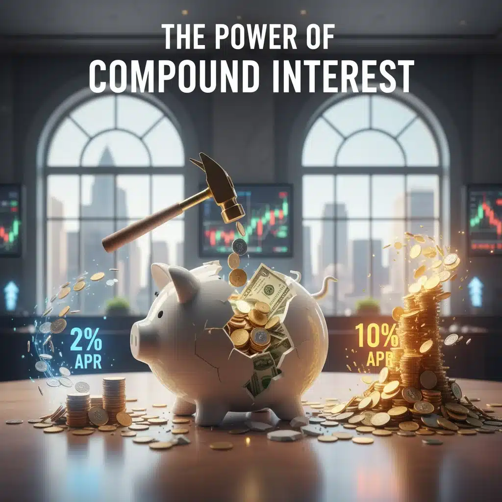 Piggy bank overflowing with coins, symbolizing increased savings due to favorable interest rates, set against a backdrop of financial growth.