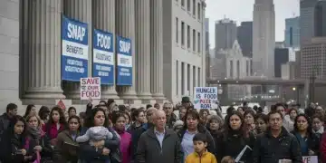People discussing SNAP benefits policy changes in front of a government building.