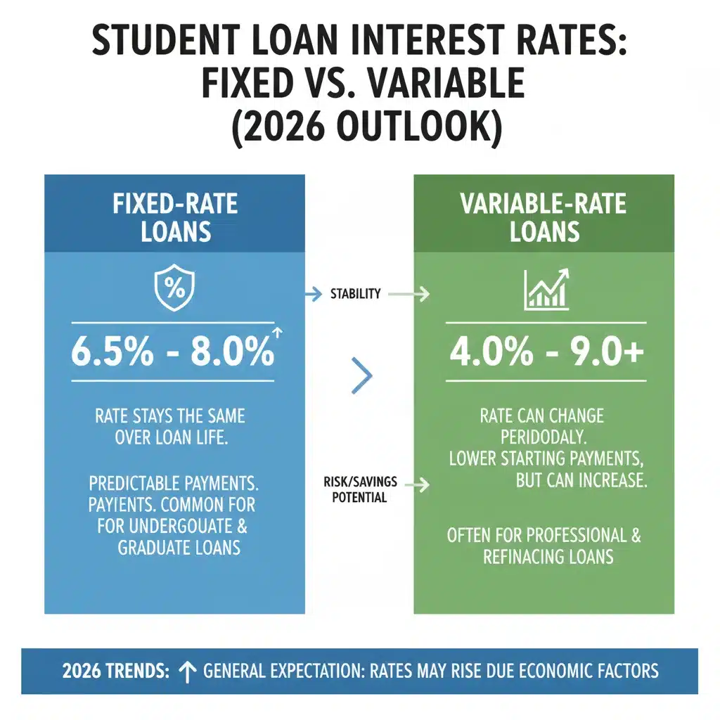 Infographic comparing fixed and variable student loan interest rates 2026