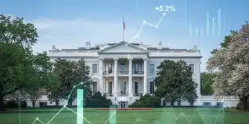 White House with economic charts overlay, symbolizing 2026 economic outlook and policy analysis.