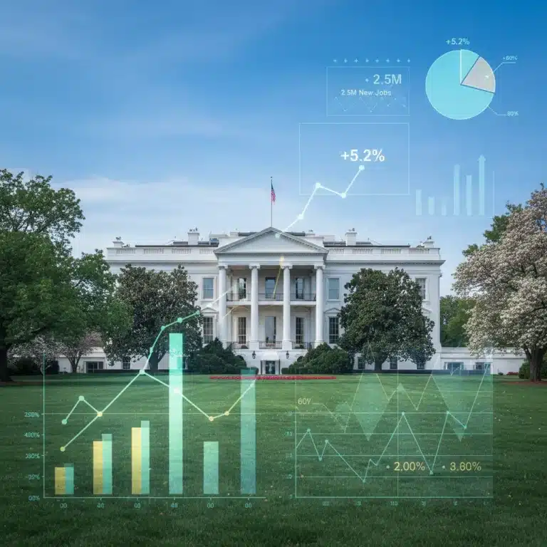 White House with economic charts overlay, symbolizing 2026 economic outlook and policy analysis.