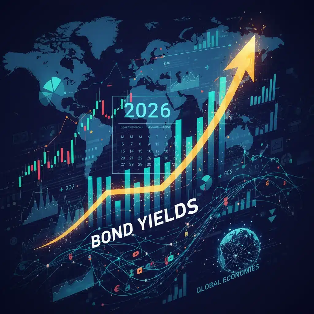 Financial charts showing bond market trends and 2026 calendar, representing future investment opportunities.