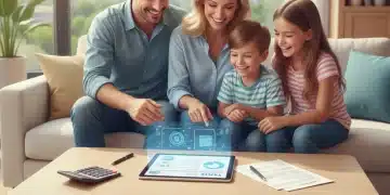 Happy family reviewing child tax credit documents on a tablet, symbolizing financial planning for 2026.