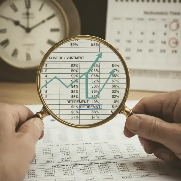 Magnifying glass examining financial documents related to 2026 COLA impact on retirement benefits