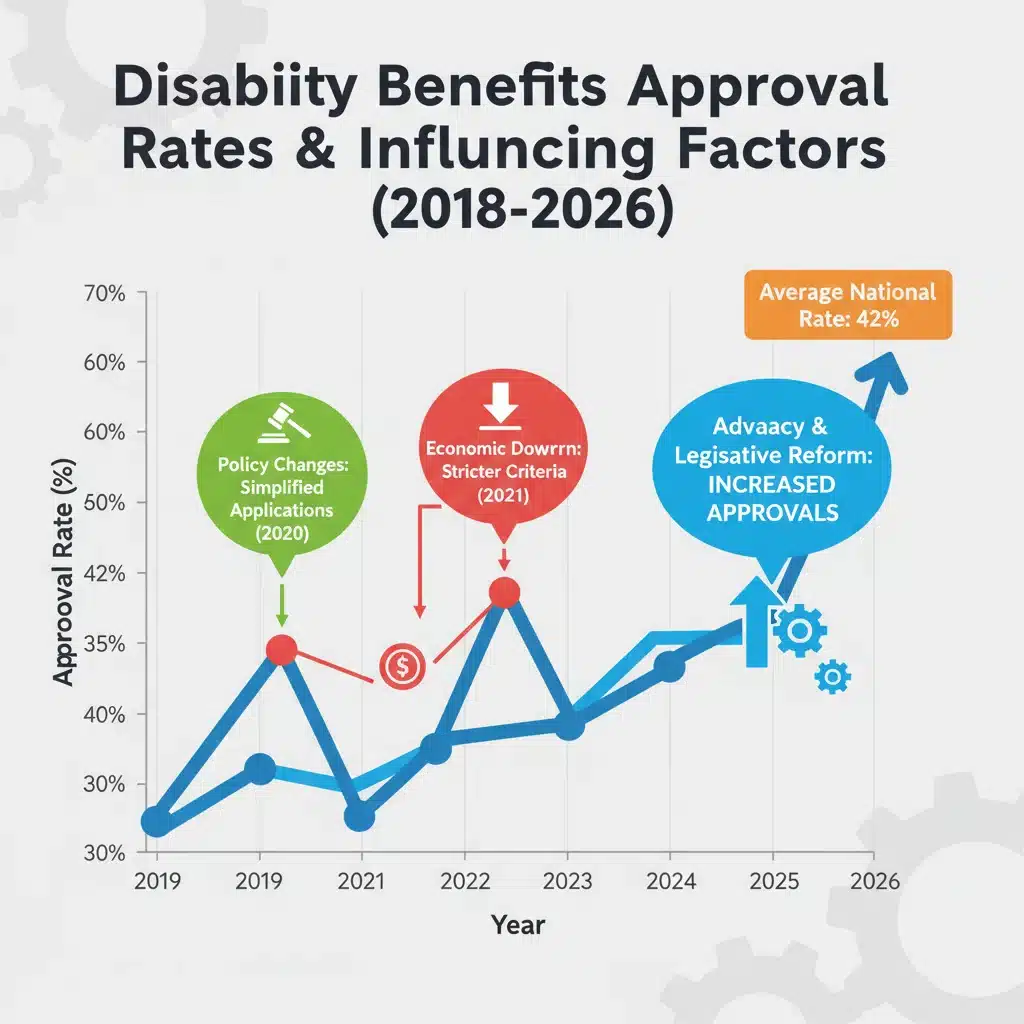 Infographic showing disability benefits approval rate trends towards 2026
