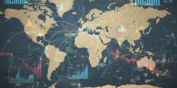 Global trade map with US focus, depicting complex economic interactions and policy changes.