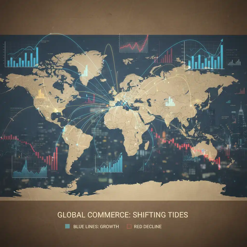 Global trade map with US focus, depicting complex economic interactions and policy changes.