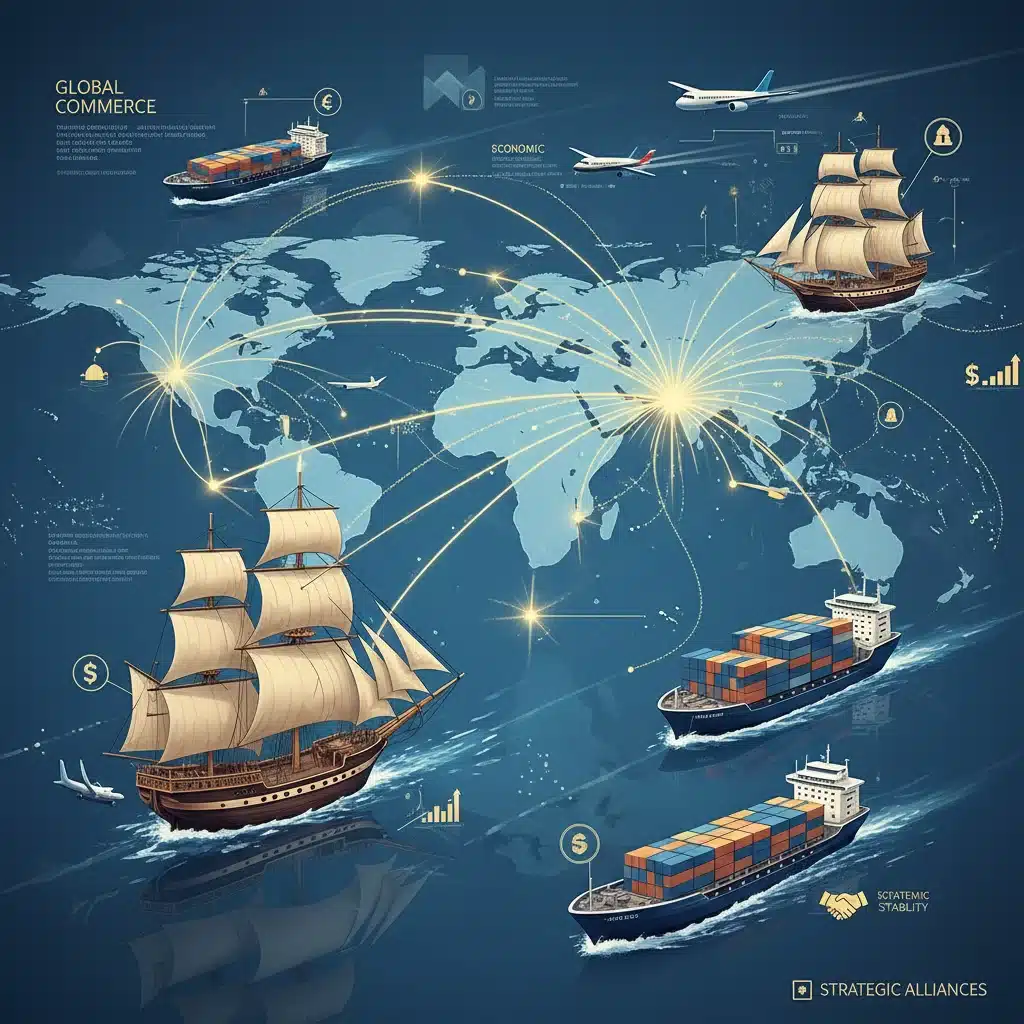 Global trade network with cargo ships, planes, and digital connections on a world map.