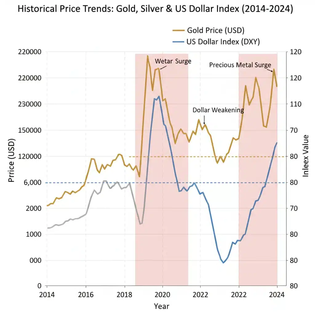 Historical price correlation between gold, silver, and US dollar
