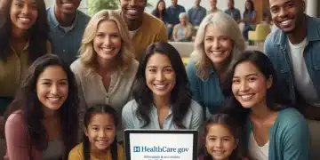 Diverse group happily viewing HealthCare.gov information on a tablet