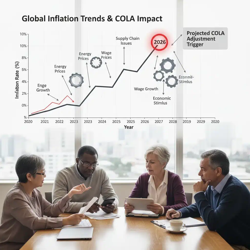 Inflation rate graph showing rising trends, influencing 2026 COLA calculations and retirement planning