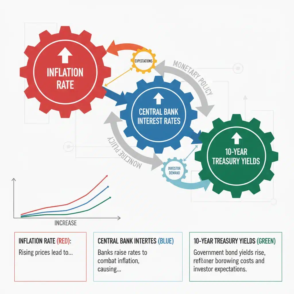 Infographic showing the interplay of inflation, interest rates, and 10-year Treasury yields.
