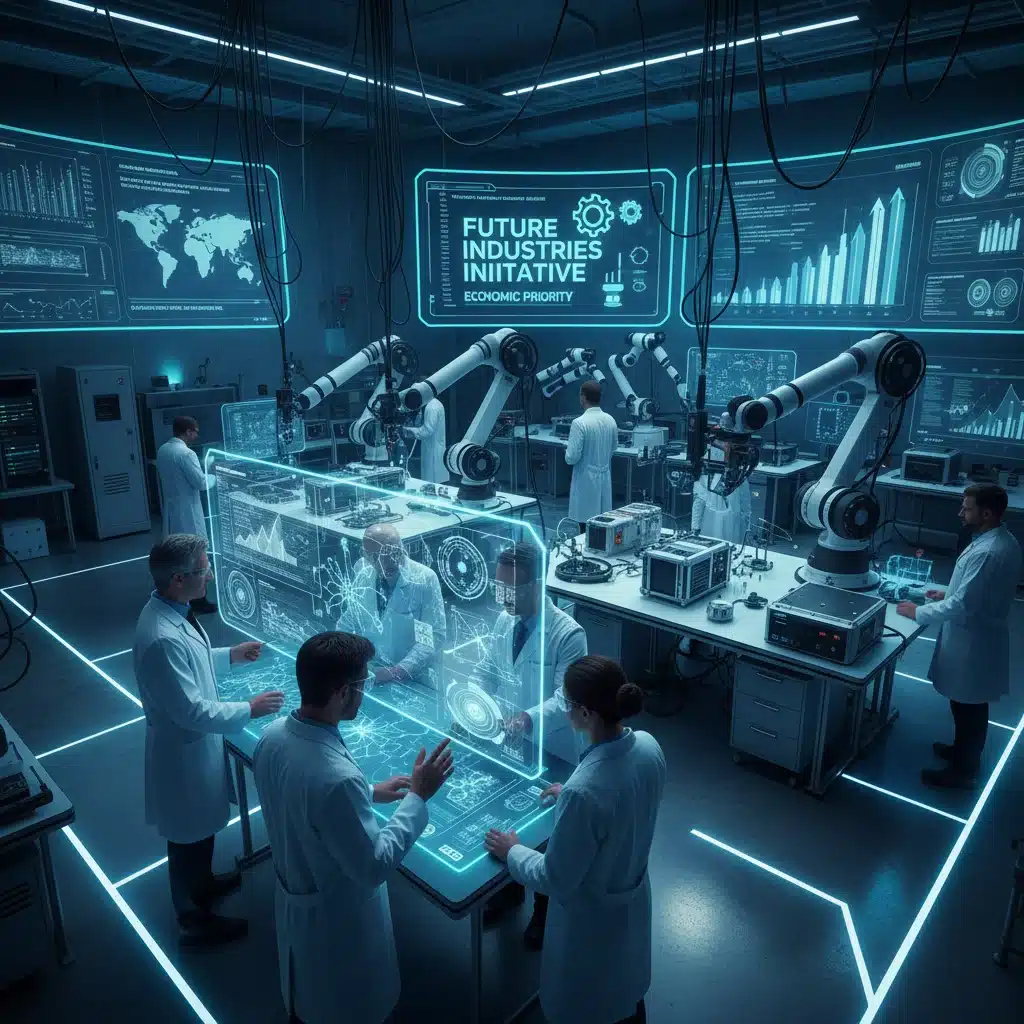 Scientists working in a high-tech laboratory, symbolizing innovation and technological advancement.