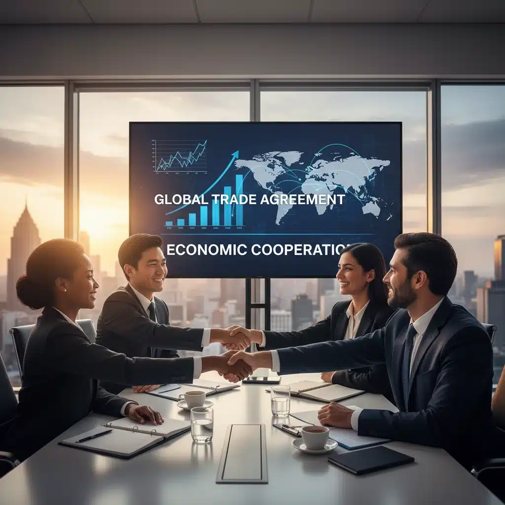 International business leaders concluding a successful trade negotiation.