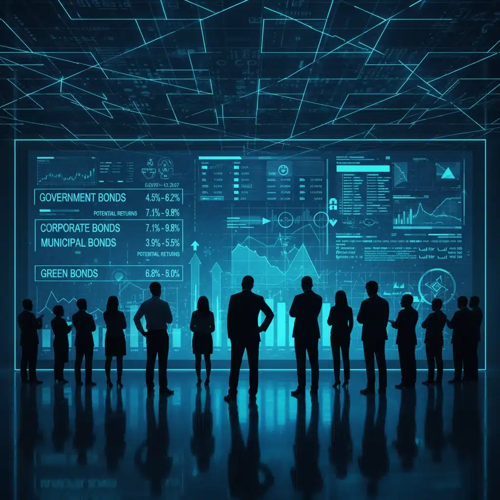 Investors analyzing different bond types and their potential returns on a digital screen.
