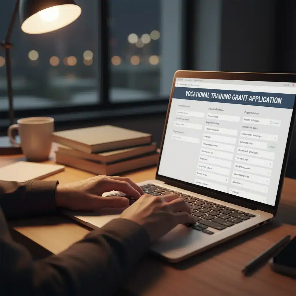 Person applying for government training funds on a laptop, focused on career development.