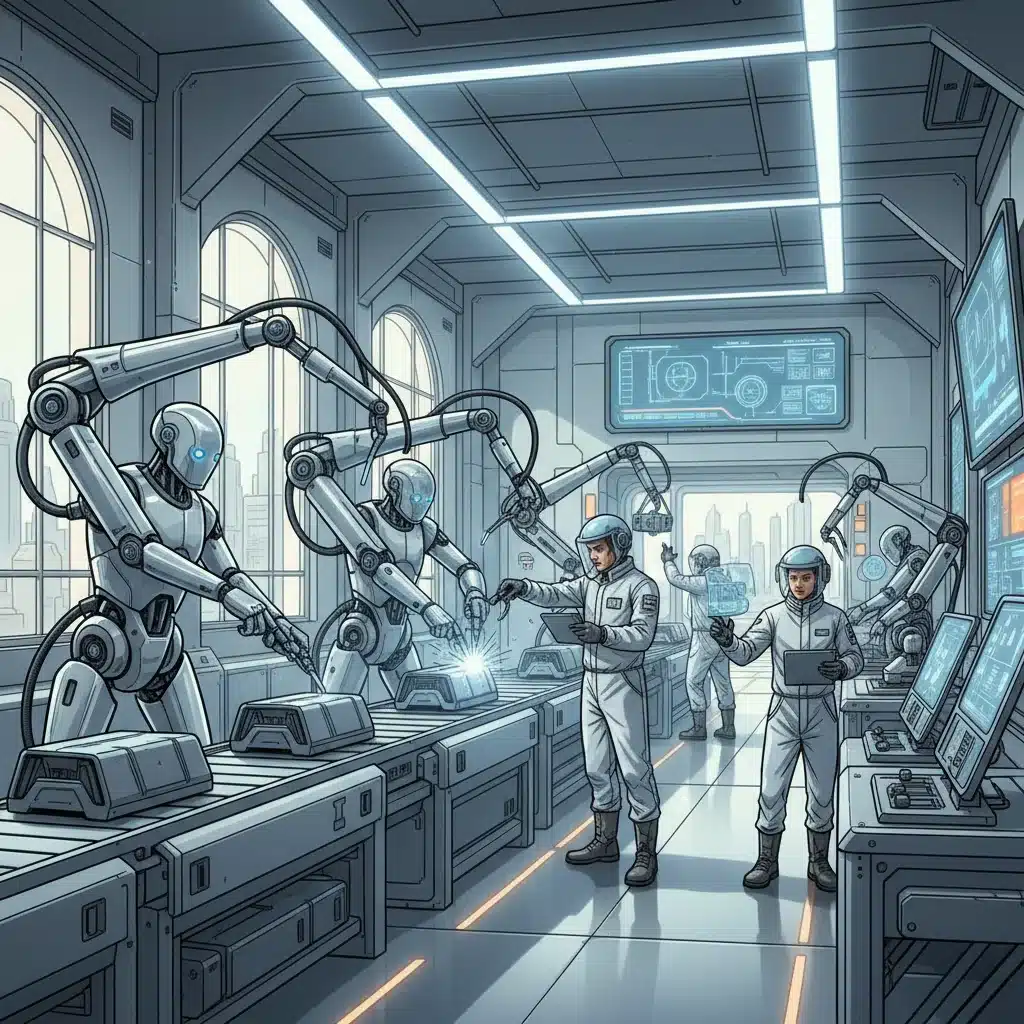Robotics and human technicians collaborating in a modern manufacturing plant