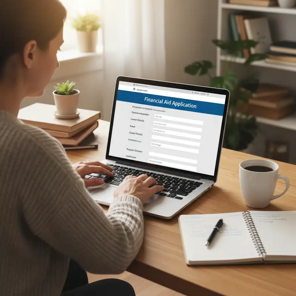 Adult learner completing an online financial aid application at a home office.