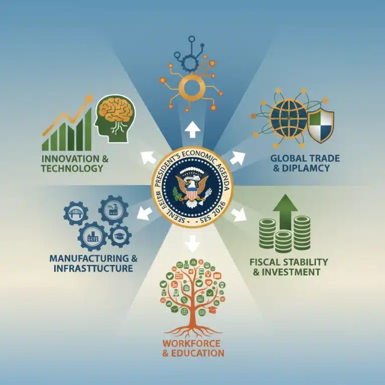 Presidential address outlining five key economic priorities for 2026, featuring growth charts and national symbols.