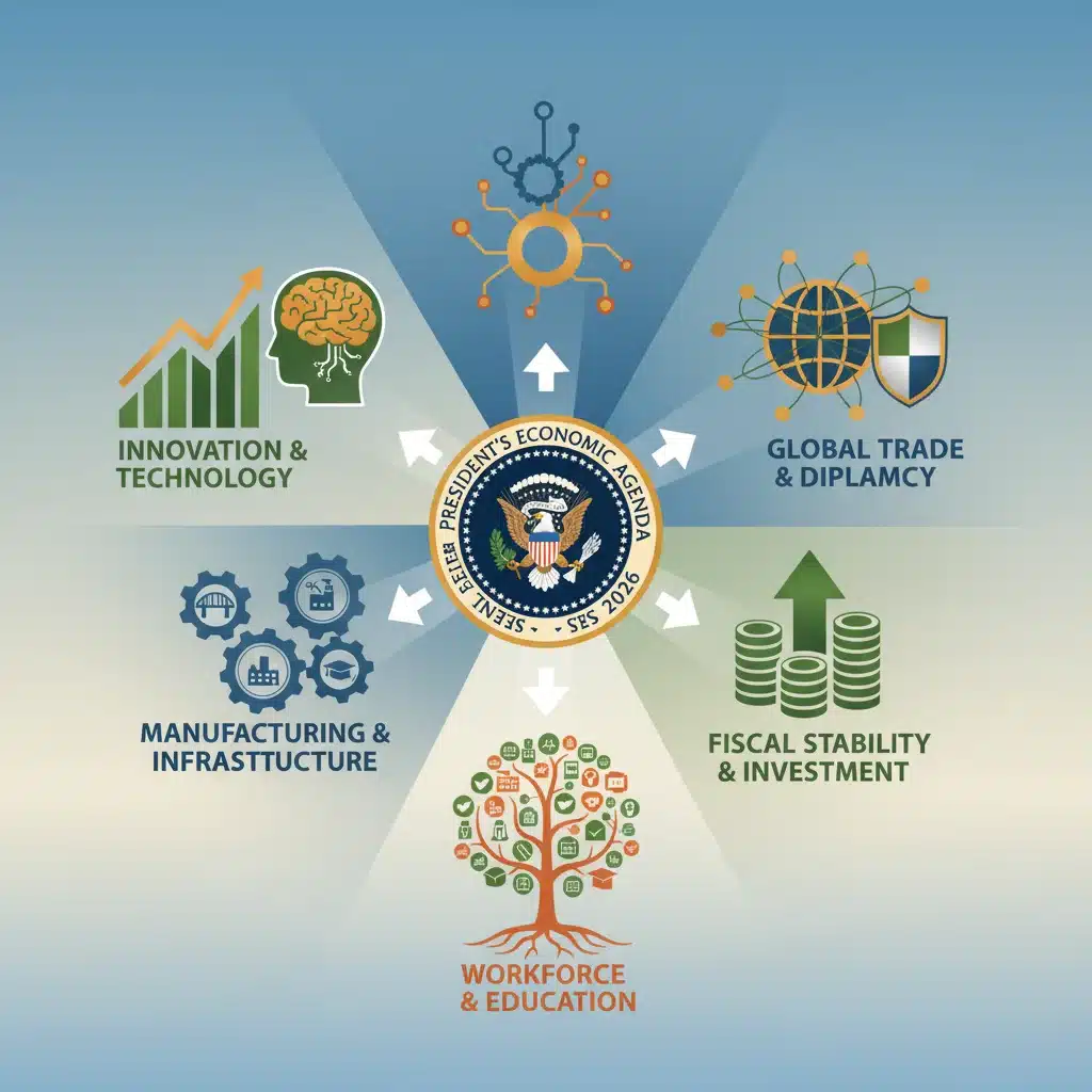 Presidential address outlining five key economic priorities for 2026, featuring growth charts and national symbols.