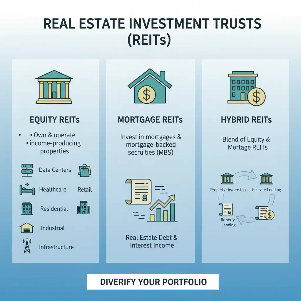 Infographic illustrating various REIT types and their investment sectors