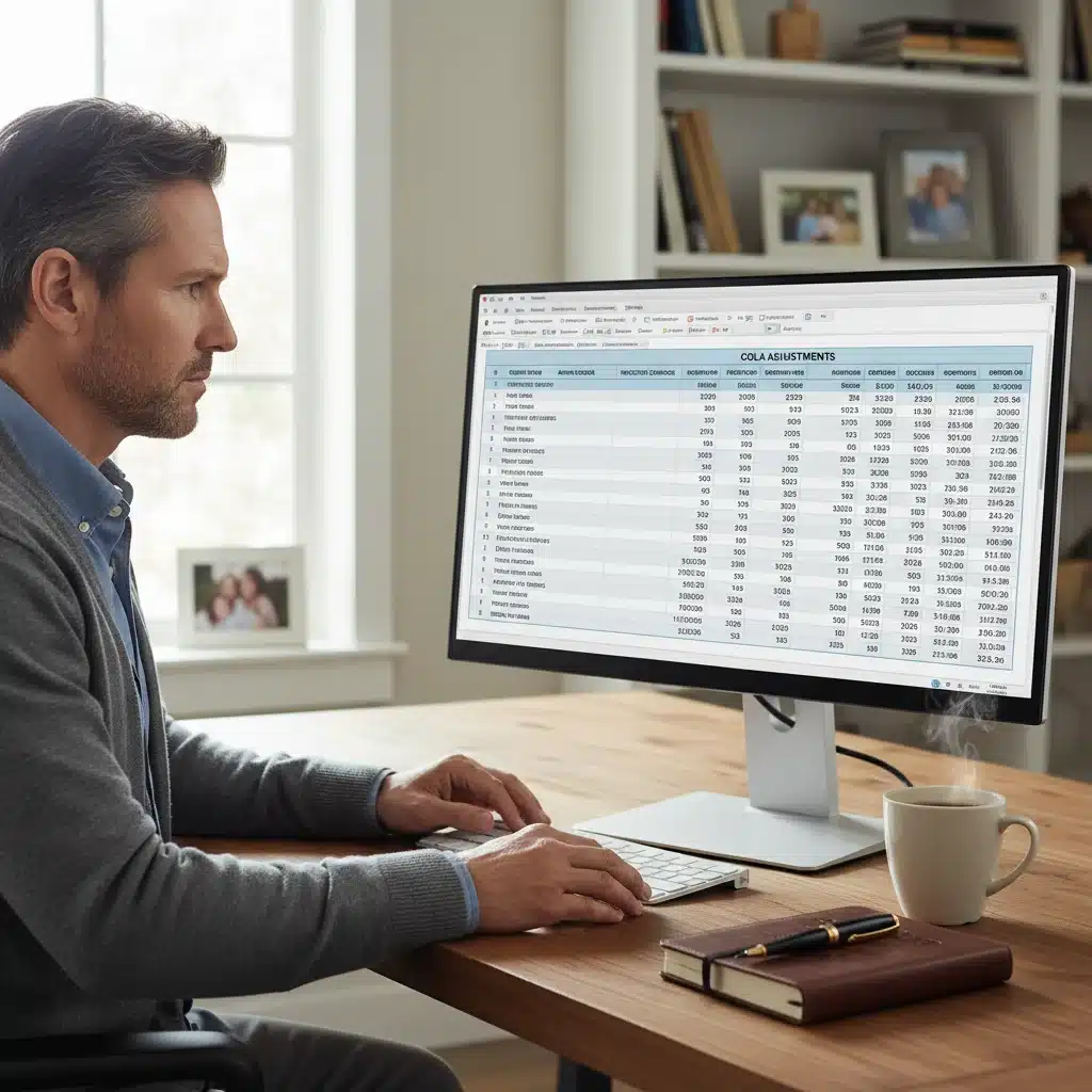 Individual analyzing financial spreadsheet for retirement planning, considering 2026 COLA adjustments