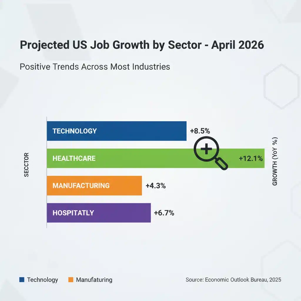 Infographic showing sector-specific job growth in April 2026