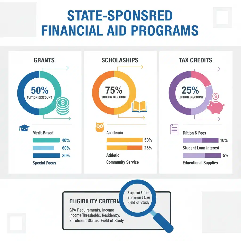 Infographic detailing state-sponsored financial aid programs and tuition discounts for adult learners.