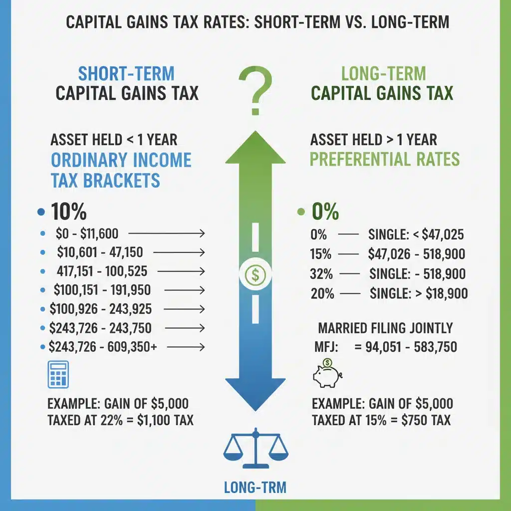 Infographic comparing short-term vs long-term capital gains tax rates