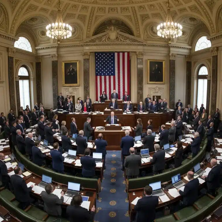 US Congress members debating new tax bill in a legislative chamber.