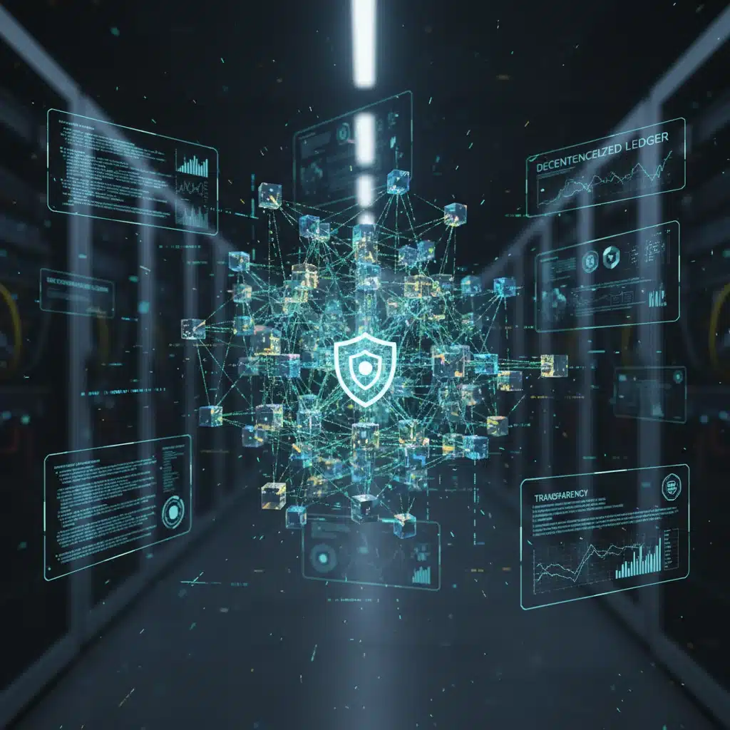 Complex decentralized ledger network illustrating blockchain technology and data flow.
