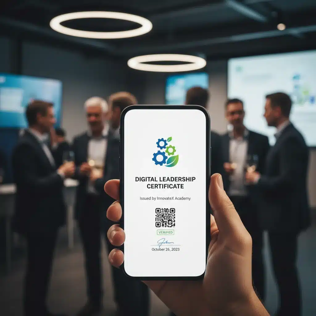 Hand holding smartphone displaying digital micro-credential certificate at networking event.