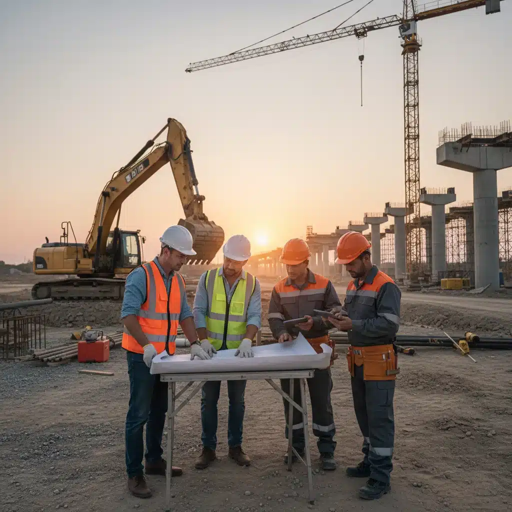 Construction workers and engineers on a site, reviewing plans for a new infrastructure project.