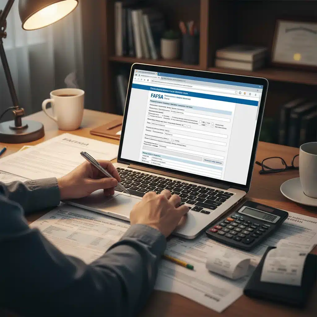Person filling out FAFSA form on a laptop, calculating financial aid.