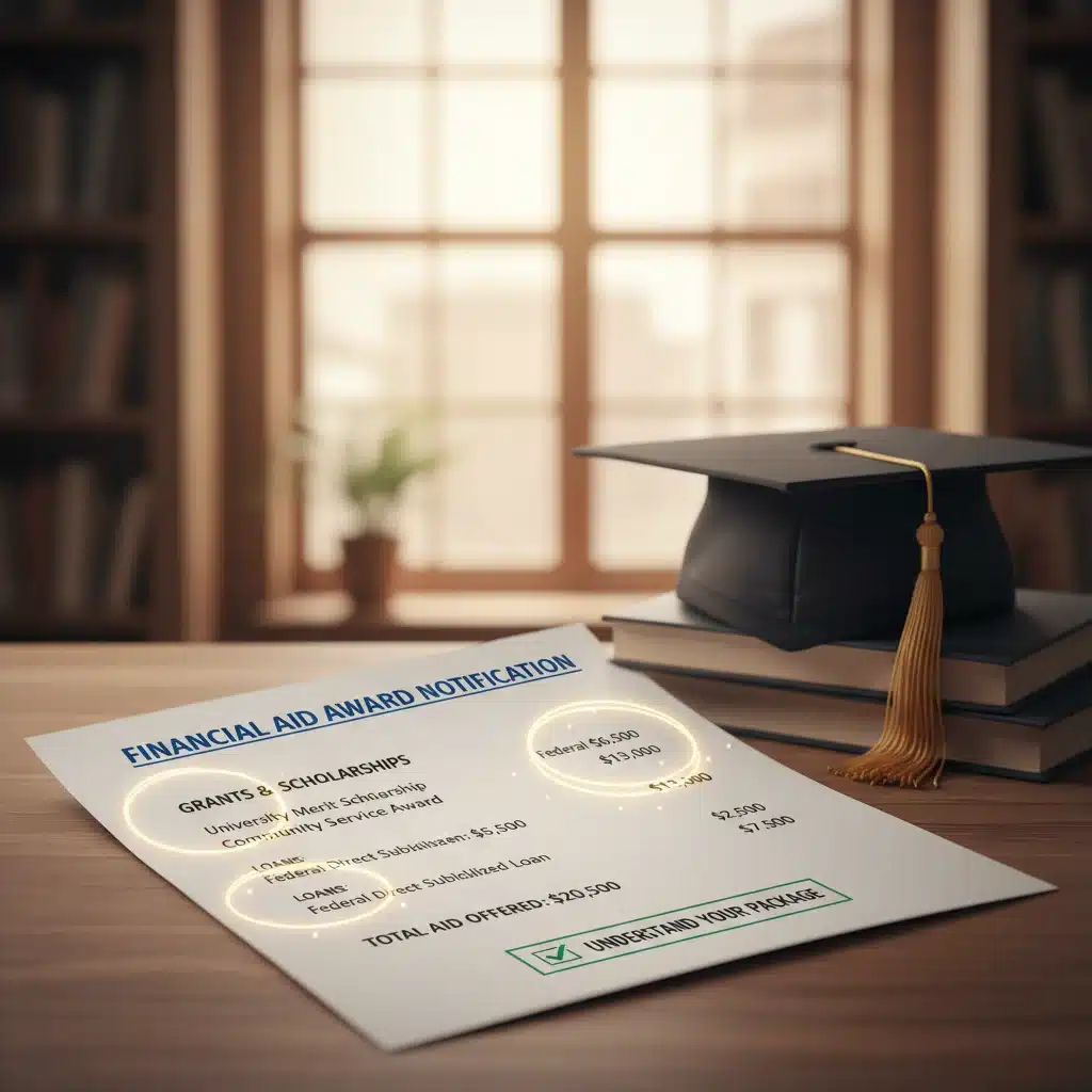 Financial aid award letter with graduation cap, illustrating college funding.