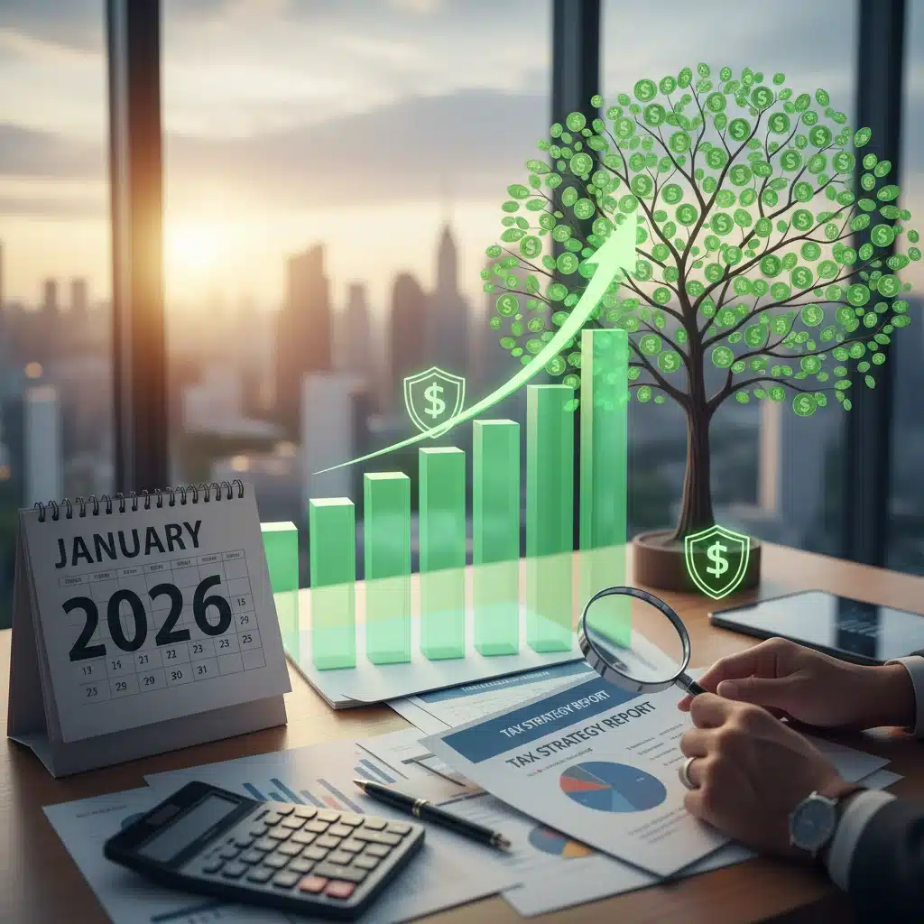 Financial growth chart with 2026 calendar and hands planning tax strategy