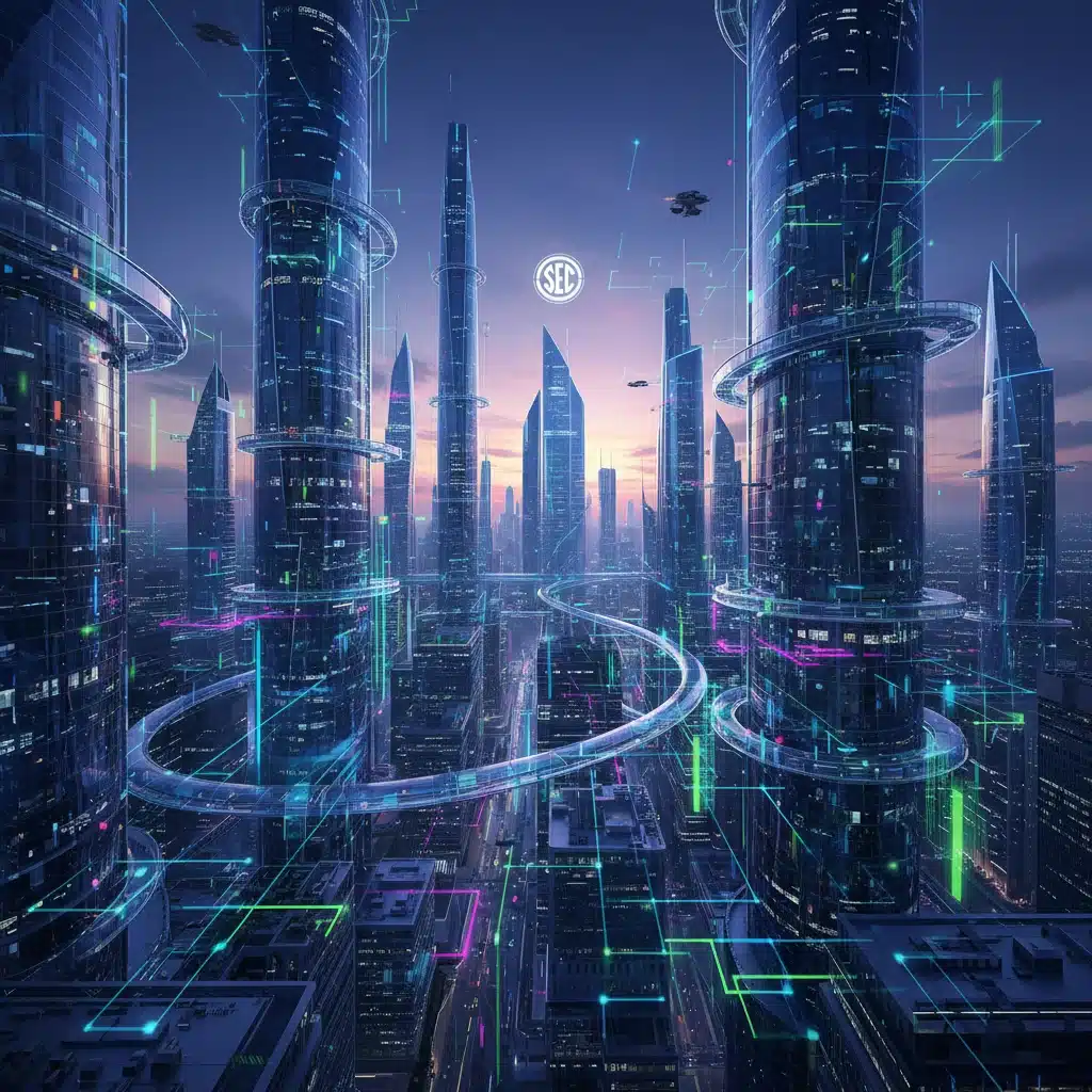 Futuristic city with blockchain networks and SEC logo, representing new digital asset regulations.
