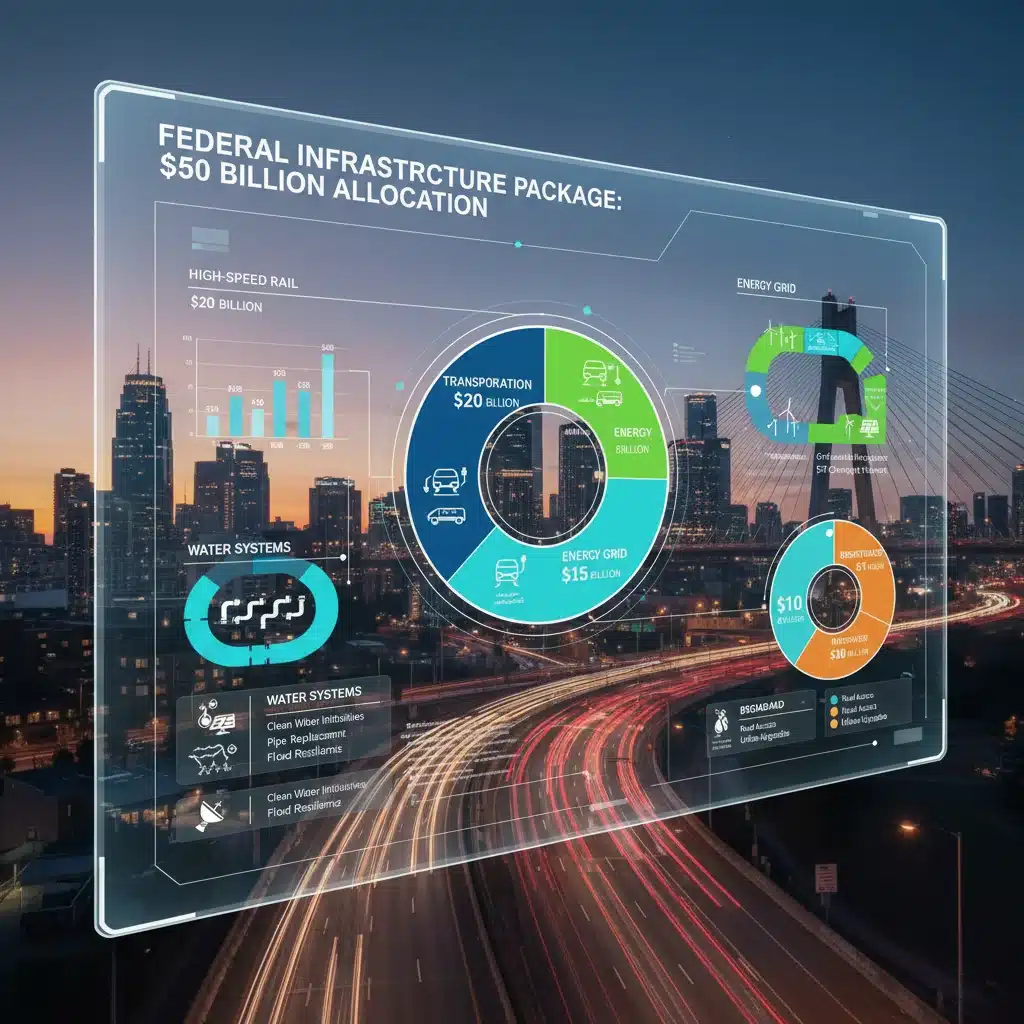 Infographic detailing the  billion federal infrastructure package allocation across various sectors.