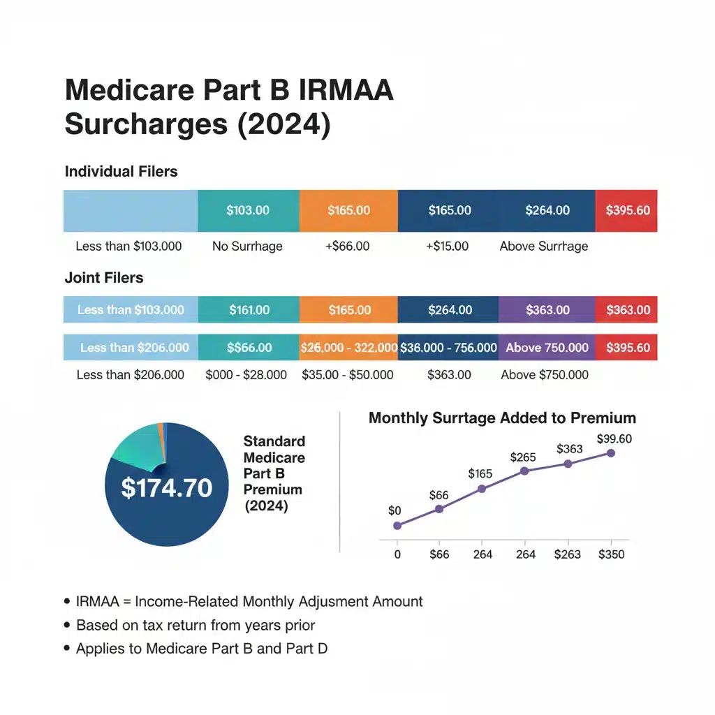 Infographic showing Medicare IRMAA income brackets and surcharges