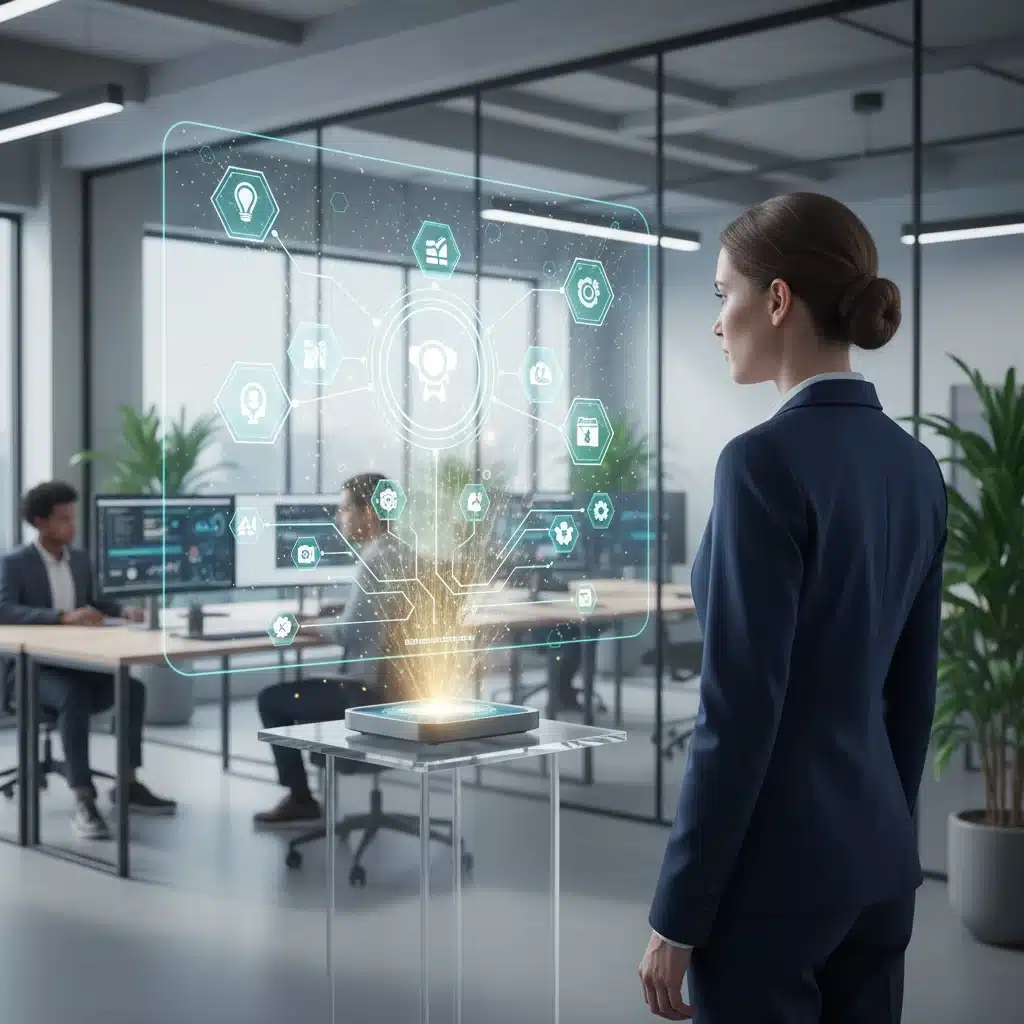 Professional viewing holographic micro-credential badges and career paths, symbolizing future growth.