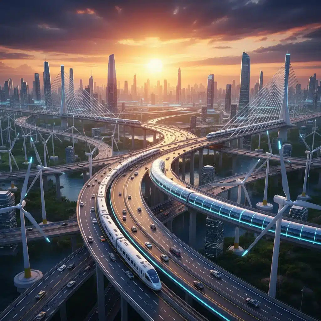 Modern infrastructure network with bridges, roads, and renewable energy, symbolizing the new federal aid package.